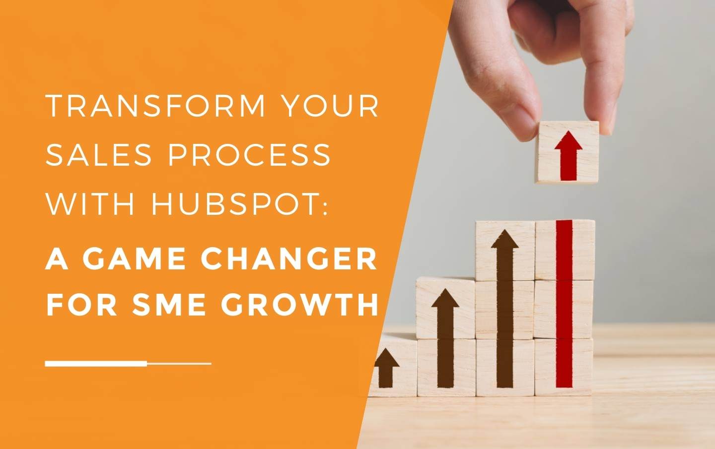 A business owner stacking four columns of wooden building blocks each column with an arrow pointing higher and higher upward as the business owner's S M E grows from using HubSpot