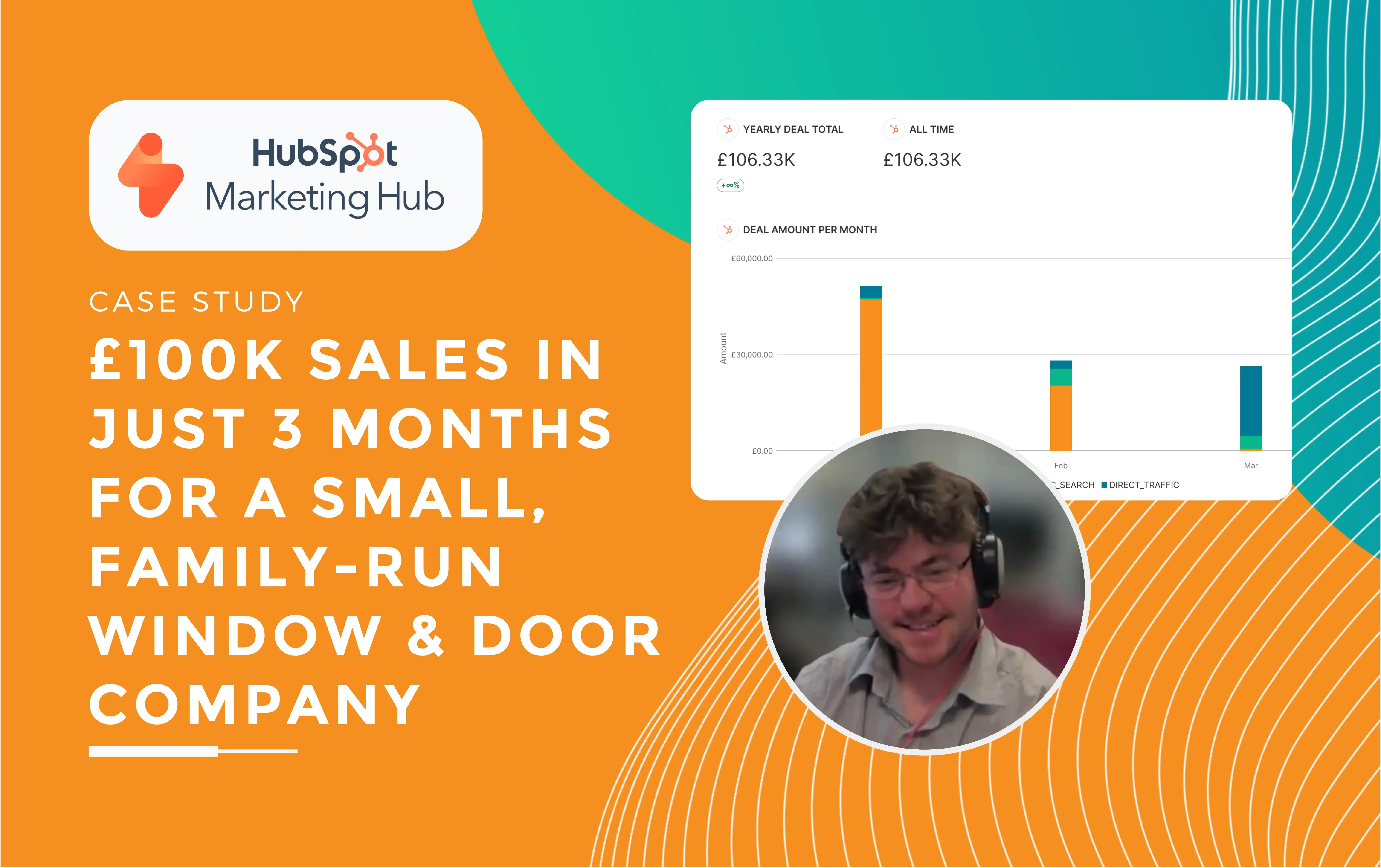 Cayden with his headset on smiling during a client meeting showing the results of £100k sales in 3 months for a small business.