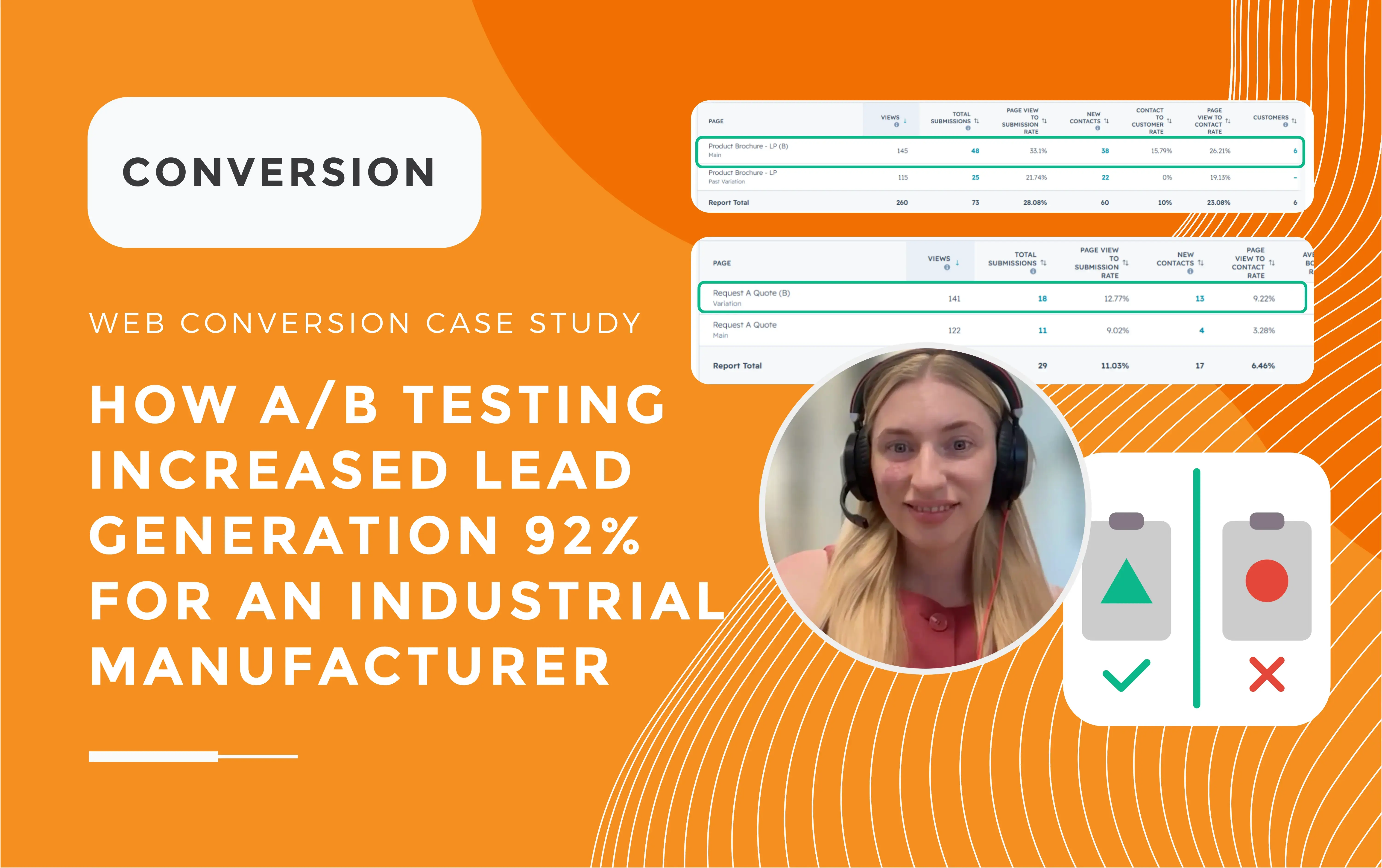 Amber smiling with her headset on in a meeting about A/B testing for an industrial manufacturer.