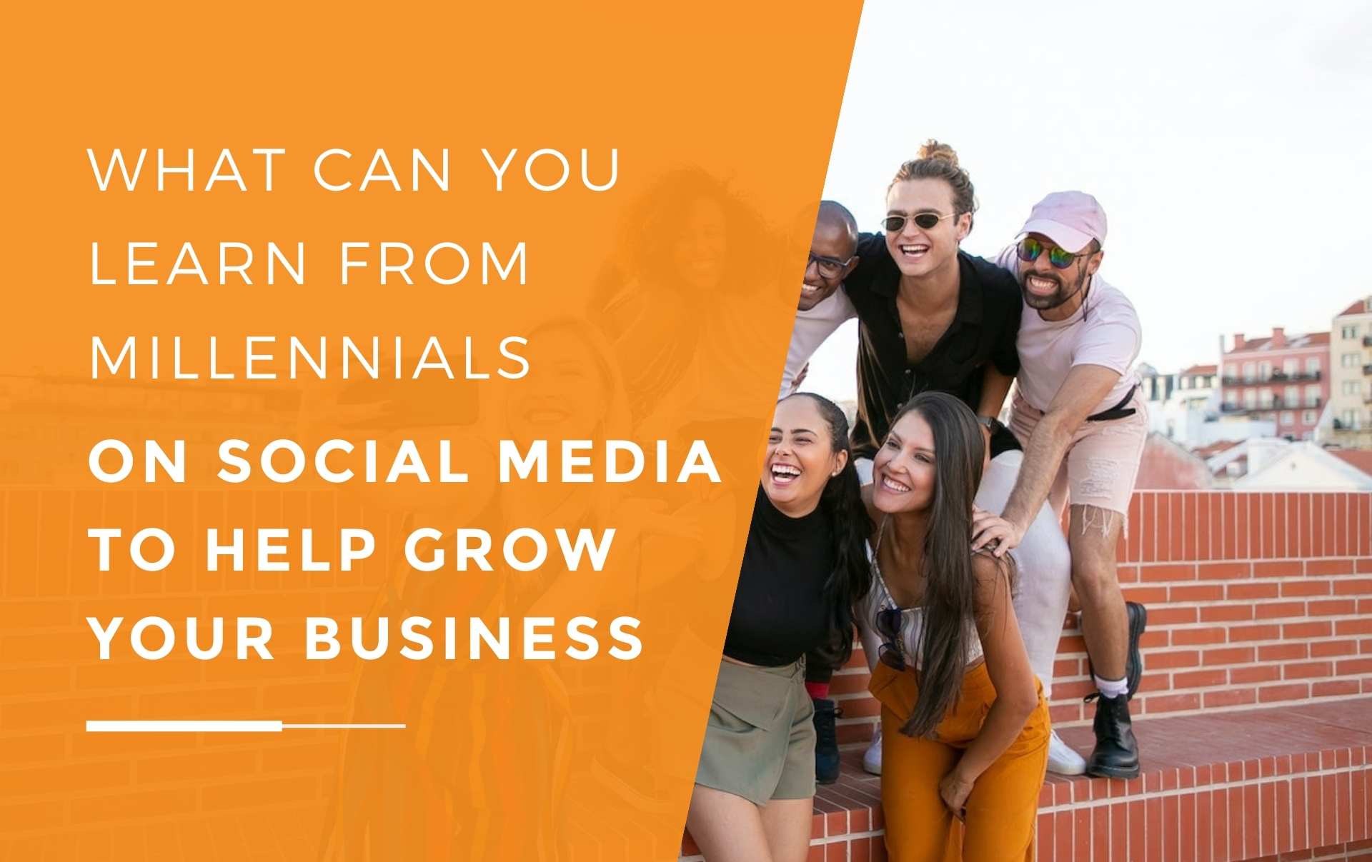 Seven millennials huddled together with some sitting on a brick wall as they take a group selfie for social media which businesses can learn from to help grow their engagement