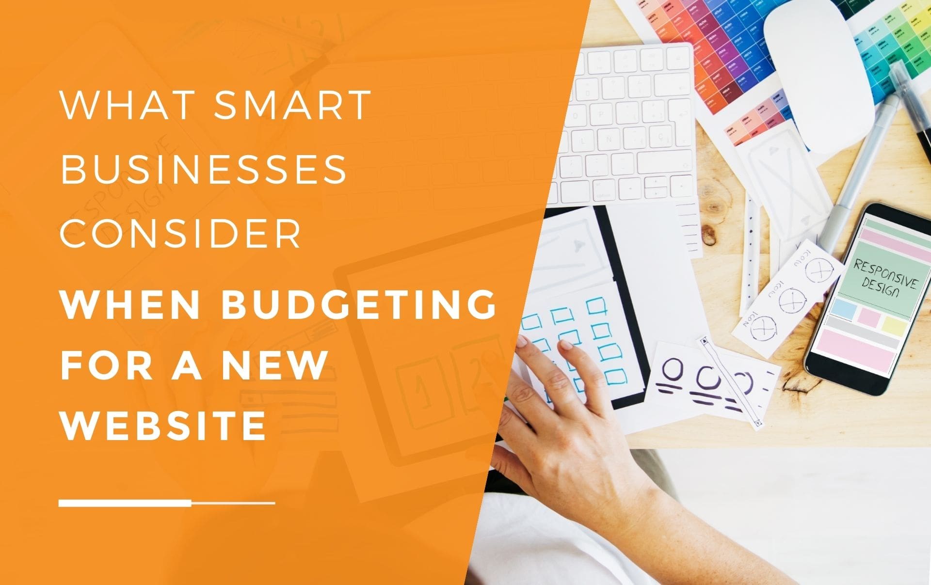 A business woman sitting at her desk with website mock-ups on several pieces of paper as she tries to design a new website for her business in budget.
