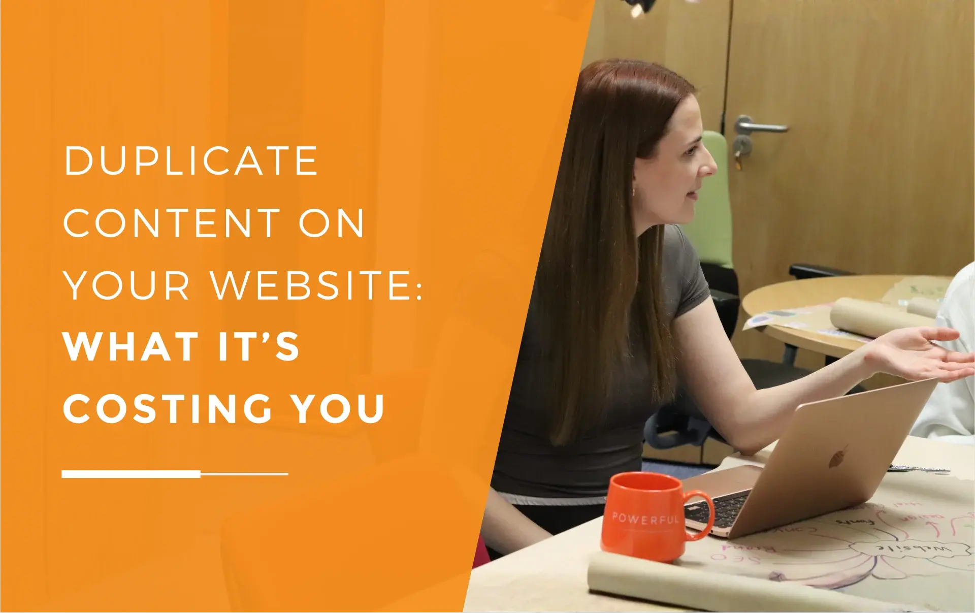 Charlotte at a desk with a mug, laptop, and website mind map, discussing how duplicate content can cost you.