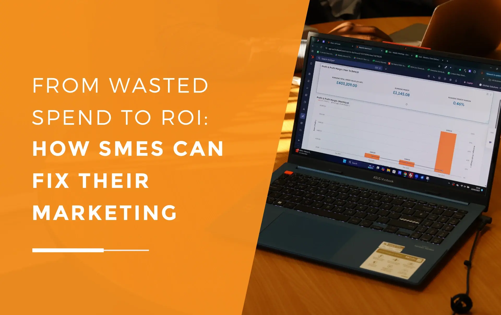 Computer with a graph that shows improved ROI from strategic marketing.