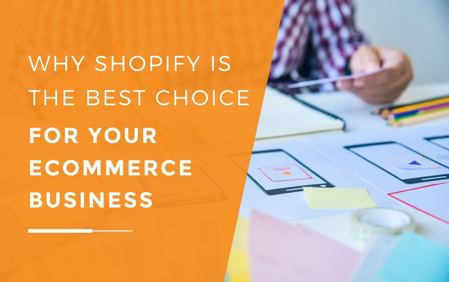 A business owner sitting at his desk looking through colour palettes and mood boards as he works out the structure for his new ecommerce website on Shopify.