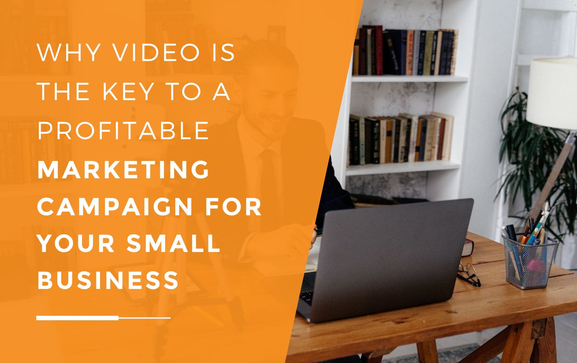 A man sitting at his desk in front of a laptop and his phone in a tripod as making a marketing video, smiling at the laptop